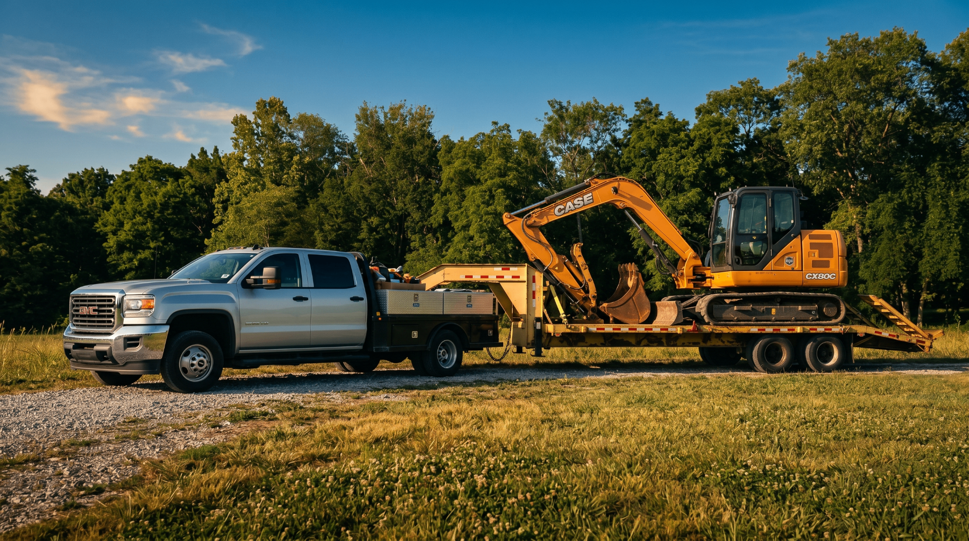 Heavy construction equipment lined up at dusk