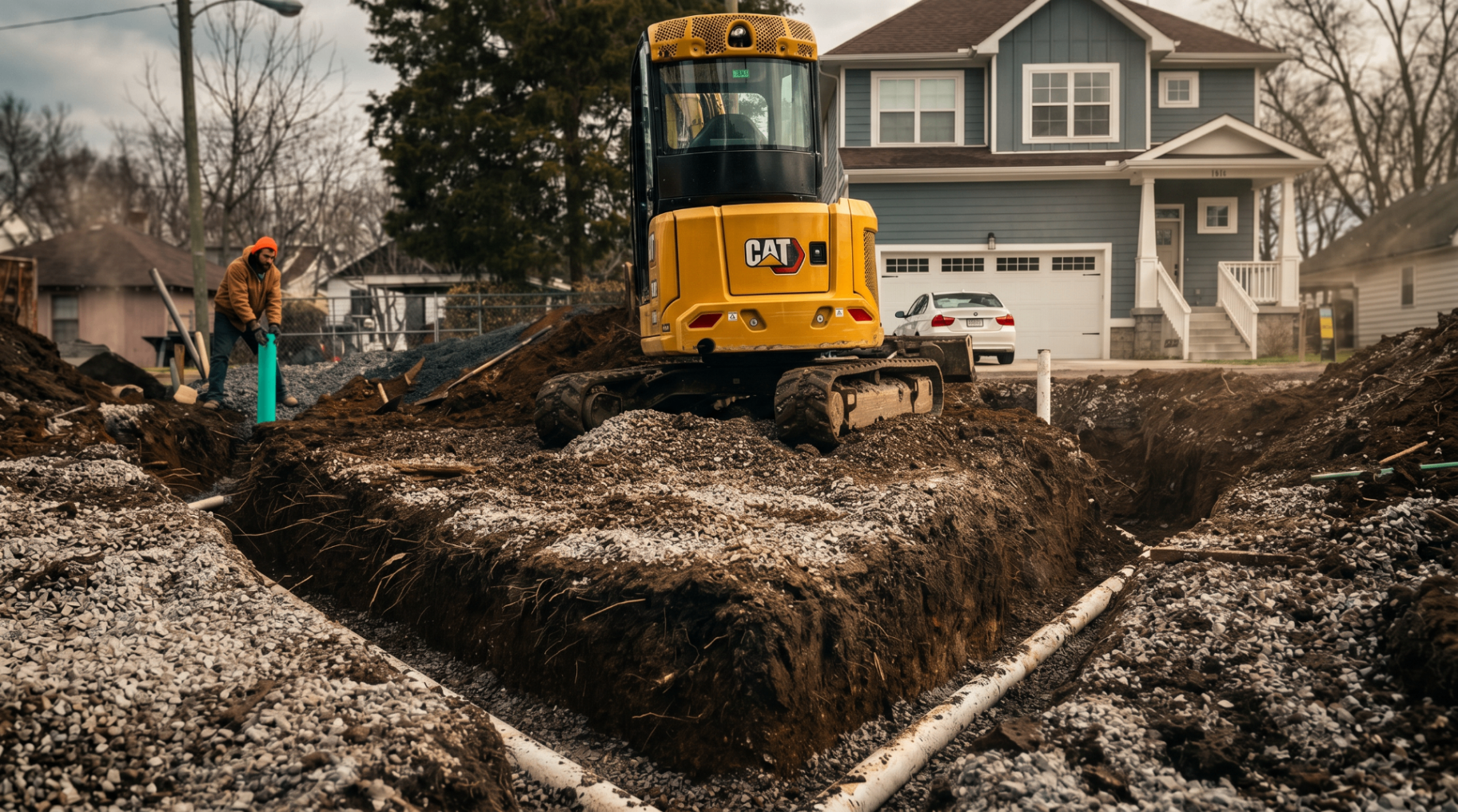 Bulldozer grading a commercial site at sunset