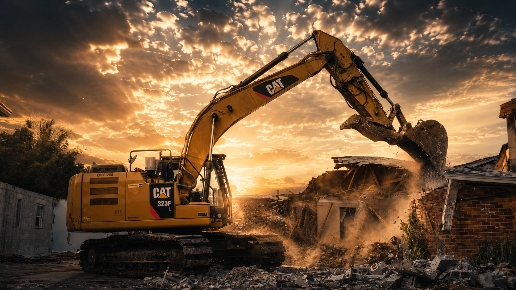 Modern construction equipment fleet staged at dawn